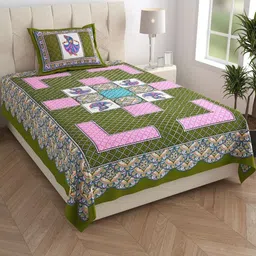 MILAAV Green Ethnic Motifs 144 TC Single Bedsheet with 1 Pillow Covers-picture-11