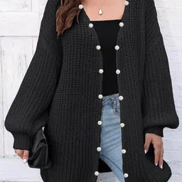 bebe Women Solid V Neck Longline Front Open Sweater-picture-38