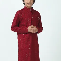 CHILINS Boys Geometric Embroidered Band Collar Sequinned Straight Kurta & Trousers image 3