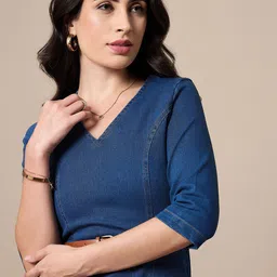 SASSAFRAS worklyf Solid Denim Formal Sheath Midi Dress image 3