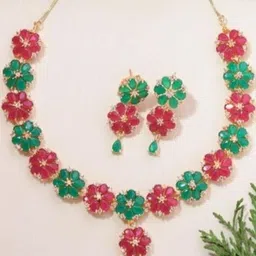 premjewellers Women Gold-Plated Artificial Stones Floral Necklace & Earrings Set-image-17