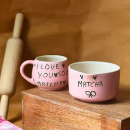 WEAVING HOMES Essential Pink & Black 2Pcs Typography Printed Ceramic Glossy Cups Set 400ml image 3