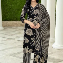 SKYLEE Floral Printed V-Neck Straight Kurta With Trousers And Dupatta-picture-11