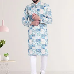 Excent Men Floral Printed Regular Thread Work Pure Cotton Kurta with Pyjamas-picture-30