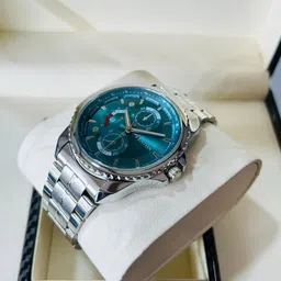 fenton watches Elegant Series Round Quartz For Men's Analog Watch - For Men FW-115 (Green)-Silver Strap image 2