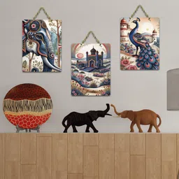 artvibes Artistic Elephant Royal Palace & Gorgeous Peacock Art Wall Hanging (WH_9647N) image 2