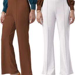 fuback Pack of 2 Women Regular Fit White, Brown Lycra Blend Trousers-picture-11