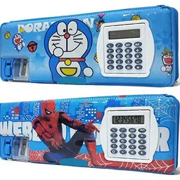 Doremon and Spiderman Designed Multipurpose Printed Pencil Box for Kids Magnetic Pencil Boxes with Calculator and Dual Sharpener for Girls & Boys Art Plastic Pencil Boxes-image-0