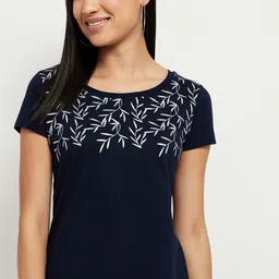 max Women Printed Round Neck Pure Cotton Navy Blue T-Shirt image 1