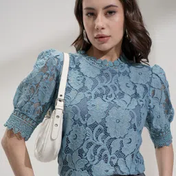 tokyo talkies Casual Regular Sleeves Self Design Women Blue Top-picture-21