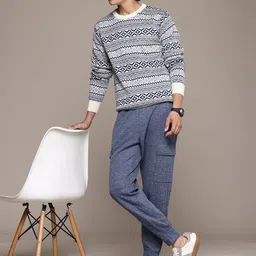 roadster Men Self Design Round Neck Black, White Sweater image 4