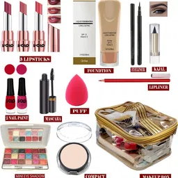 volo All in one (14 In 1) Makeup Kit With 3 Lipsticks,Foundation,Eyeliner,Kajal,2 Nail Paints,Puff,Lipliner,Eyeshadow,Mascara,Compact,Makeup Pouch Women/Girl Gift Set Makeup Kit VL19032021A5 image 1