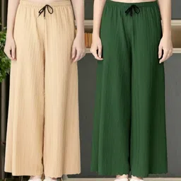 first arrival Pack of 2 Women Regular Fit Cream, Green Viscose Rayon Trousers-picture-11