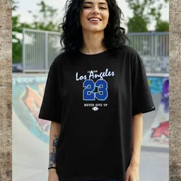 focuteess Women Printed Round Neck Cotton Blend Black T-Shirt-picture-27