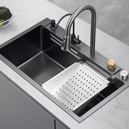 messina Waterfall Kitchen Sink Black 30x18x10 Premium Matt Finish SS 304 Complete set. Single Bowl Stainless steel Matt Finish_A172 Vessel Sink-picture-25