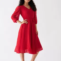 aask Women Fit and Flare Red Midi/Calf Length Dress-picture-2