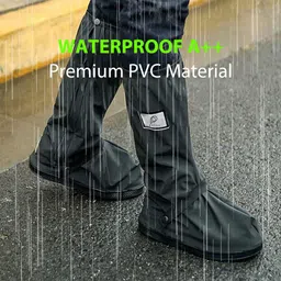 serplex Waterproof PVC Shoe Covers Anti Skid Calf Length Zip Up Reusable Protectors Plastic Black High Ankle Shoe Cover image 2