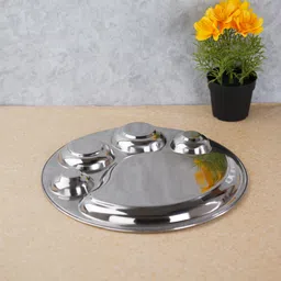 sumeet Stainless Steel Round 5 in 1 Compartment Lunch / Dinner Plate 1Pc, 34cm Dia Sectioned Plate image 5