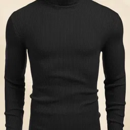 Men Self Design High Neck Black Sweater-image-0