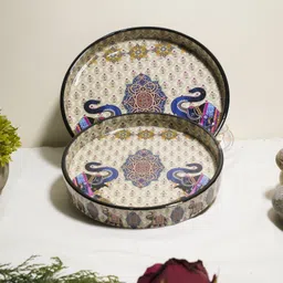dreams n decor Pack of 2 Wood Multicolor Round Wooden Trays of 2 Dinner Set-picture-13