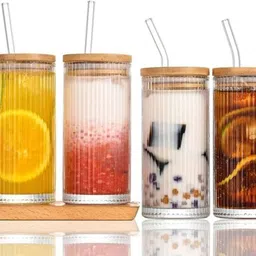 kelvinza Borosilicate Ribbed Cola Can Glass 510ml with Wooden Lid & Straw for Coffee Glass Tumbler image 4