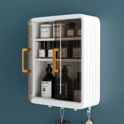 gloxy Storage Cabinet with Hooks for Kitchen | No Drill Self Adhesive Bathroom Shelf White Towel Holder image 2