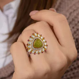 a silveraas Moissanite Polki Carved Green Triangle Adjustable Ring Sterling Silver Peridot, Ruby Gold Plated Ring image 2