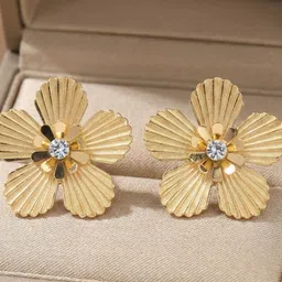 samriddhi jewels Floral Shine Textured Gold-Tone Stud Earrings for Women & Girls Cubic Zirconia Stainless Steel Stud Earring image 3