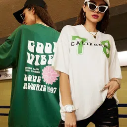 christy world Pack of 2 Women Printed Round Neck Pure Cotton Multicolor T-Shirt-picture-18