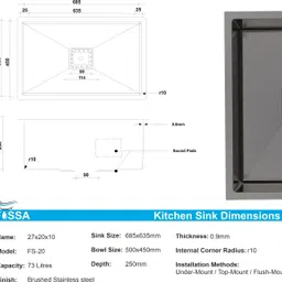 fossa 27"x20"x10" Inch Single Bowl Premium Handmade Kitchen Sink Black FS-20 Black Vessel Sink image 2