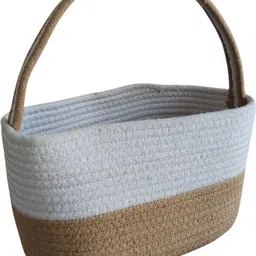 ambaenterprises Cotton Beige & White Cotton Rope Hamper Basket | 10x6x6 Inch Storage Basket image 3