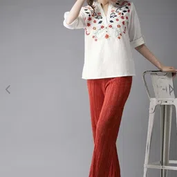 sorangi Casual Regular Sleeves Embroidered Women White Top image 2