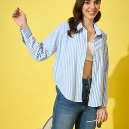 buynewtrend Women Oversized Fit Striped Spread Collar Casual Shirt image 5