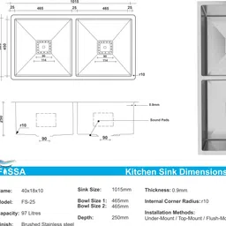 fossa 40x18x10 Inch Double Bowl Premium Handmade Kitchen Sink Matte Finish FS-25 Vessel Sink image 2
