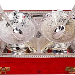 indianartvilla Silver Plated Decorative Bowl Dessert Bowl Set Leaf Design Bowl with Spoon & Tray- Set of 2, Gift Set image 3