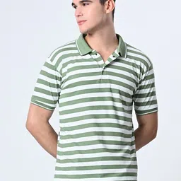 dam Men Striped Polo Neck Polyester Dark Green, White T-Shirt-picture-23