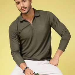 Men Solid High Neck Polyester Green T-Shirt-image-8