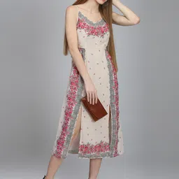 DODO & MOA Beige Ethnic Motifs Crepe A-Line Midi Dress image 4