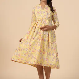 CRAFIQA Floral Printed Mandarin Collar Pure Cotton Maternity Fit & Flare Midi Dress image 5