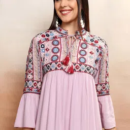Vishudh Lavender Tie-Up Neck Embroidered Tiered Velvet Empire Midi Dress-picture-32