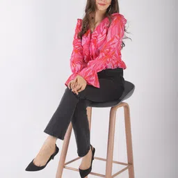 fuchsia PRETTY LOVING THING Pink & Off White Floral Print Tie-Up Neck Ruffles Chiffon Top image 5