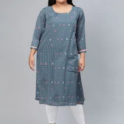 Biba Women Blue & White Checked A-Line Kurta image 5