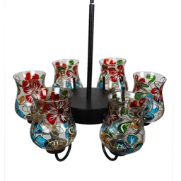 Devansh Red & Blue Mosaic Design Glass 6 Shades Chandelier image 4