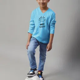 Friskers Boys Turquoise Blue Typography Printed V-Neck Applique T-shirt image 5