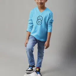 Friskers Boys Turquoise Blue Typography Printed V-Neck Applique T-shirt image 2