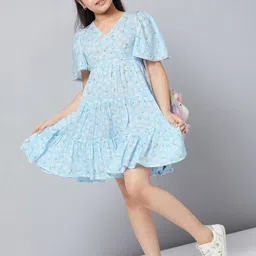 Stylo Bug Girls Blue Floral Printed Cotton Empire Dress-picture-34