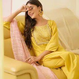Sangria Embroidered Yoke Design Round Neck Straight Mirror Work Kurta Set With Dupatta-image-46
