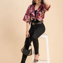 Moomaya Floral Printed Cotton Open Front Shrug image 3