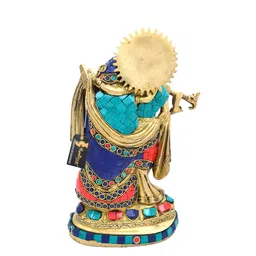 Two Moustaches Green & Red Brass Radha Krishna Gemstone Work Showpiece image 2