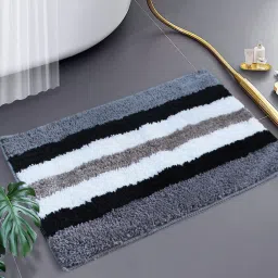 luxe home international Grey Striped Microfibre 23x15 Inches AntiSkid Bath Mat image 1